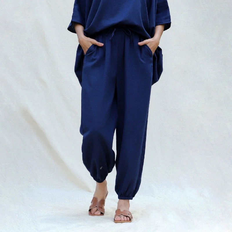 Navy Blue Cotton Flax High-Rise Elasticated Jogger Pant