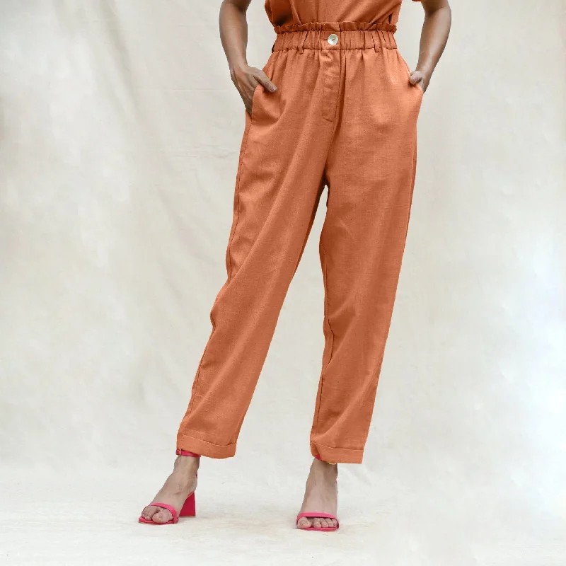 Orange Handspun Cotton High-Rise Elasticated Paperbag Pant