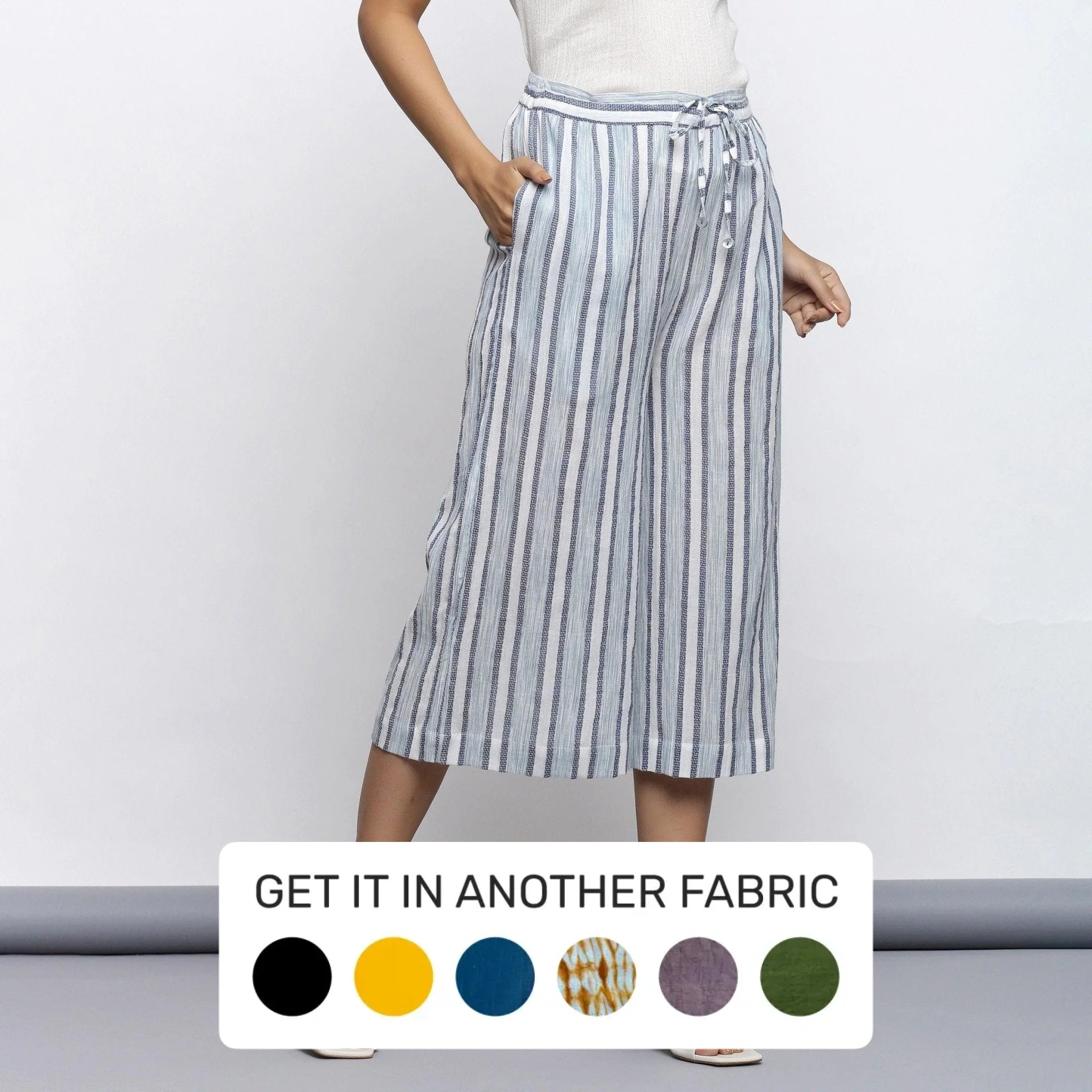 Sky Blue Striped Crinkled Cotton Elasticated Mid-Rise Culottes