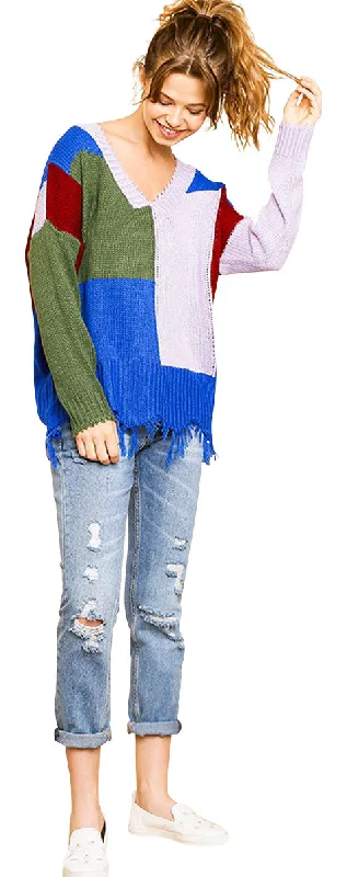 Color Block Frayed Hem Sweater