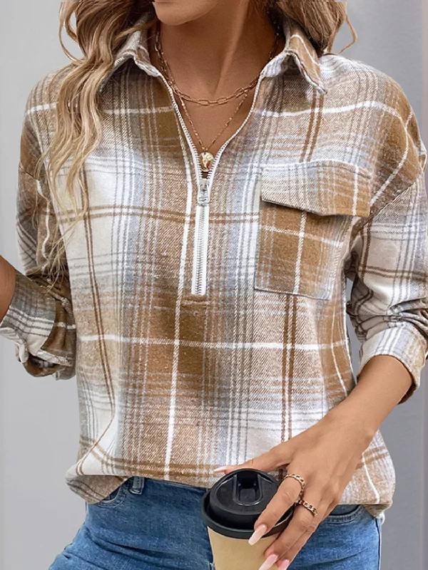 Perfee Plaid Collared Neck Half Zip Long Sleeve Sweater Top