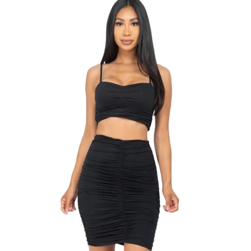 Ruched Crop Top And Skirt Sets