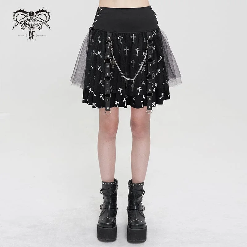 Women's Gothic Cross Printed Mesh Splice Chain Skirt