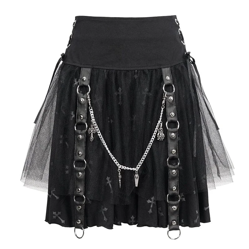 Women's Gothic Strappy Mesh Splice Chain Skirt