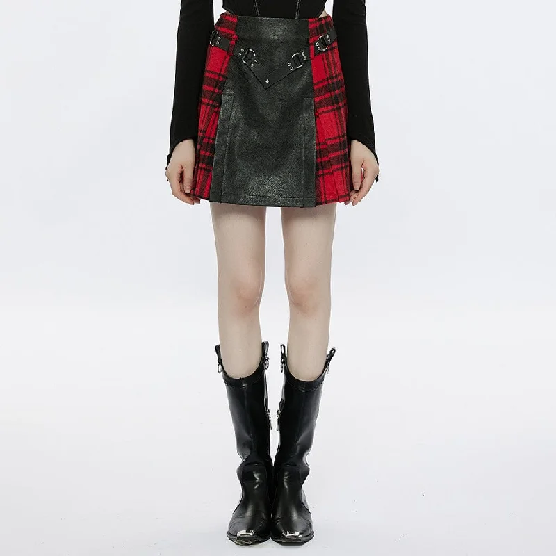 Women's Grunge Faux Leather Splice Plaid Skirt