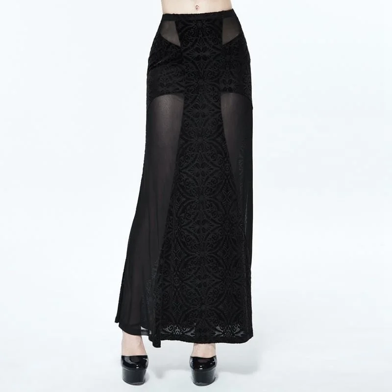 Women's Long Punk Skirt With Sheer Net Panels