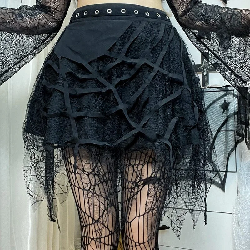 Women's Punk Spider Web Lace Splice Skirt