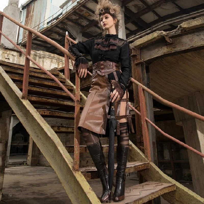 Women's Steampunk Faux Leather Half Skirt