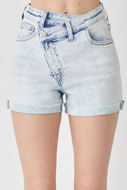 Denim High-Rise Cuffed Crossbody Shorts In Light Acid