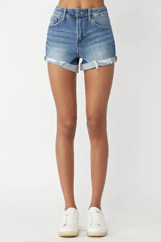 High-Rise Rip Cuffed Hem Shorts In Light Wash