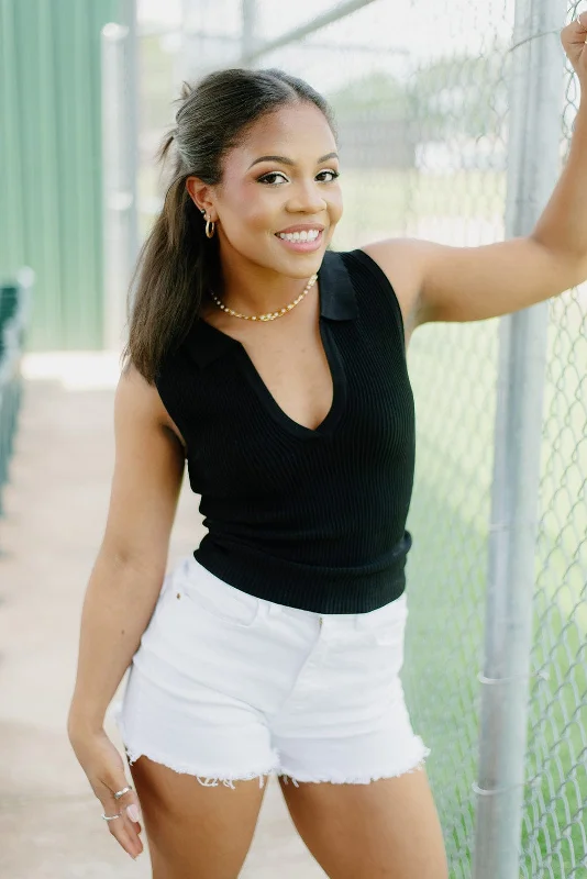 Black Collar Ribbed Crop Top