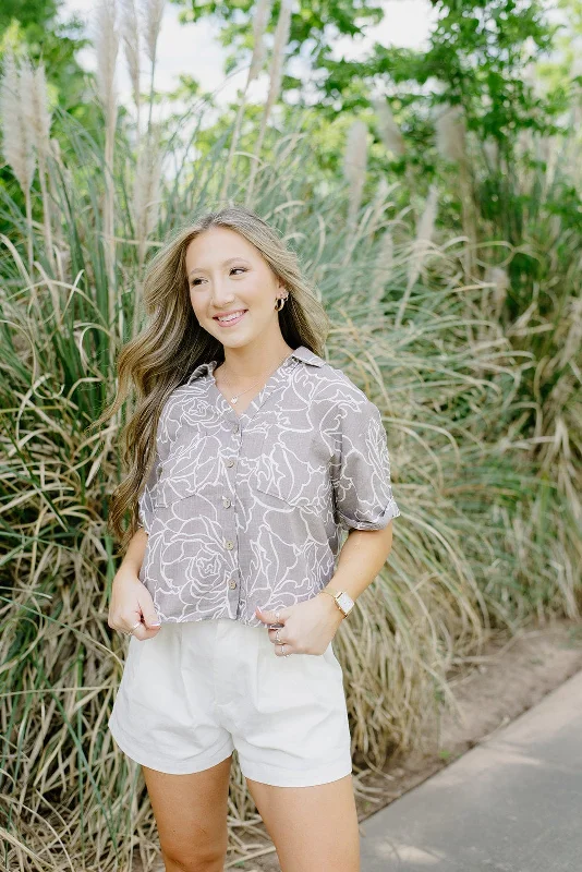 Grey Floral Short Sleeve Blouse