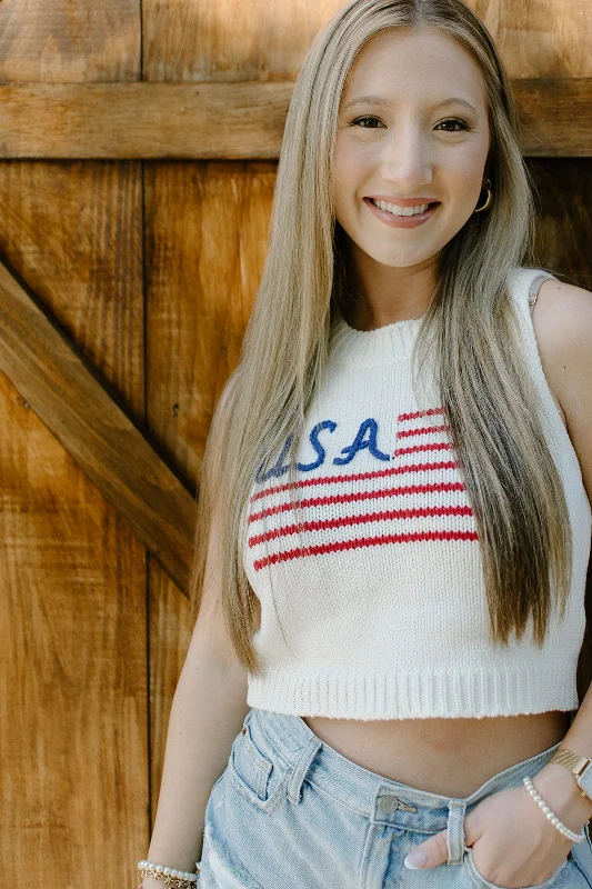 White USA Knit Cropped Tank Top