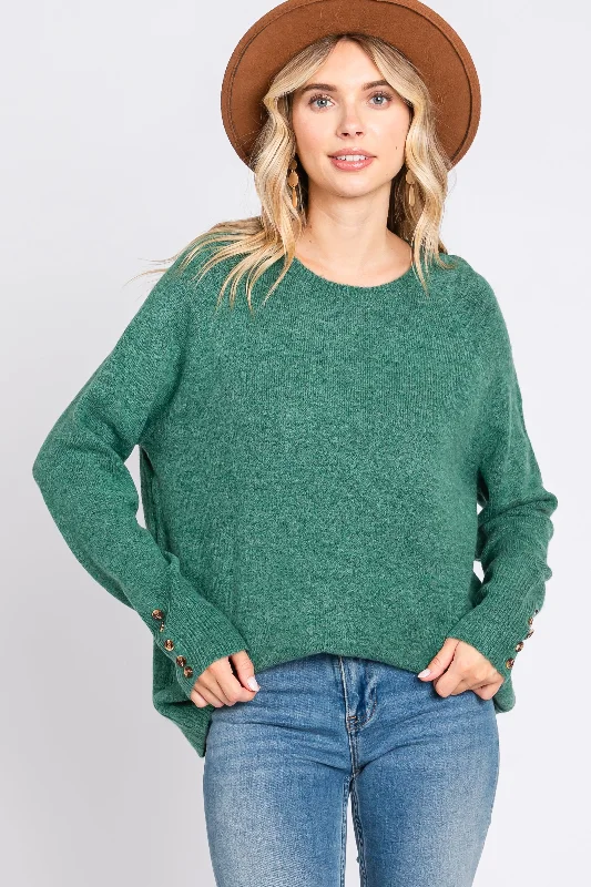 Green Button Accent Solid Sweater