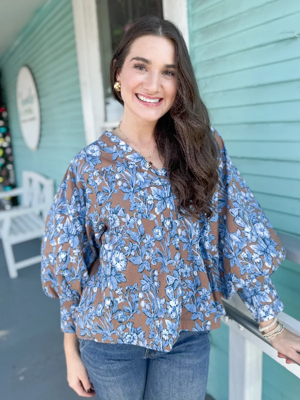 The Dublin Floral Balloon Sleeve Top-Blue