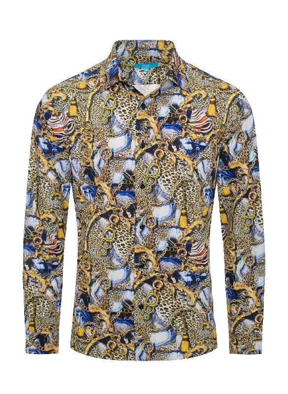 Long Sleeve leoperd print  Shirt Azul & Gold 4409