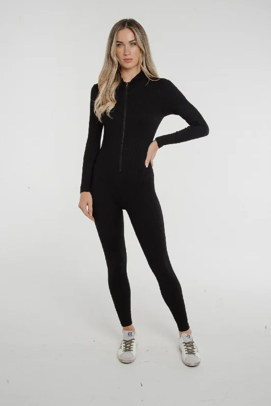 Freya Ribbed Zip Unitard In Black