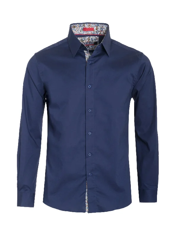 Navy Solid Cotton-Stretch L/S Shirt (4030)