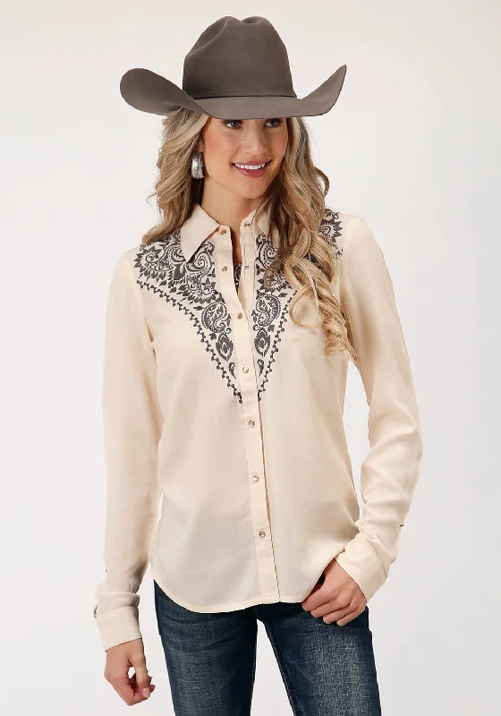 Roper Womens Solid Western Dark Cream Rayon/Nylon L/S Blouse